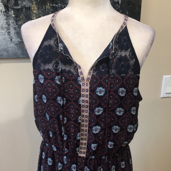 Daniel Rainn Navy Blue Floral Lace Boho Halter Maxi Dress with Tasseled Tie-L - Picture 2 of 14